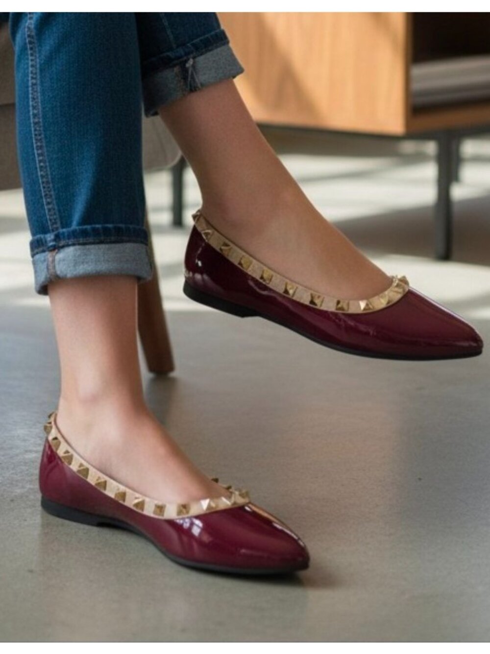 Studded Burgundy Patent Leather Flats With Pointed Toe & Quilted Insole